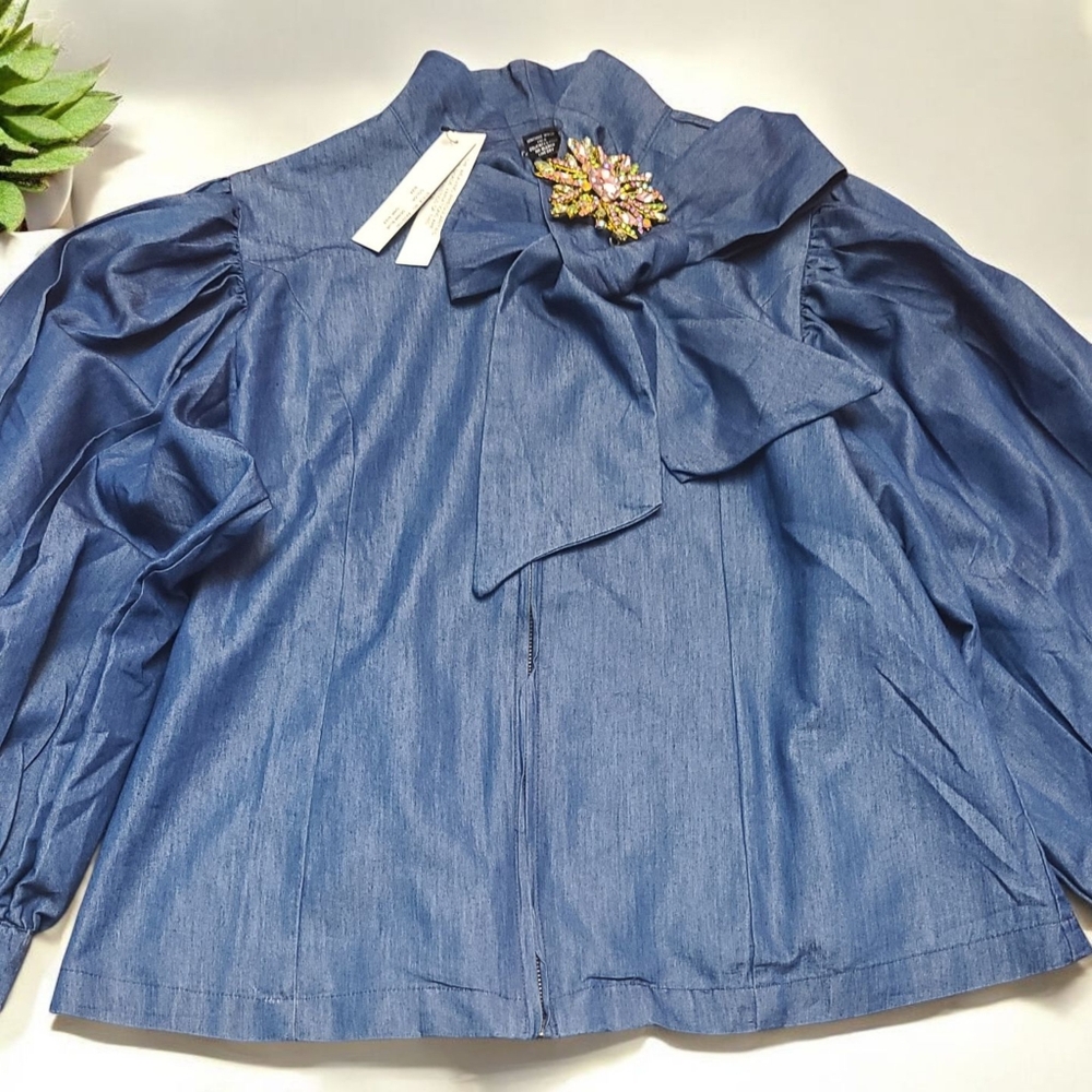 Denim Zipper Front Shirt Jacket W/front Bowtie Bishop Sleeves PTP22